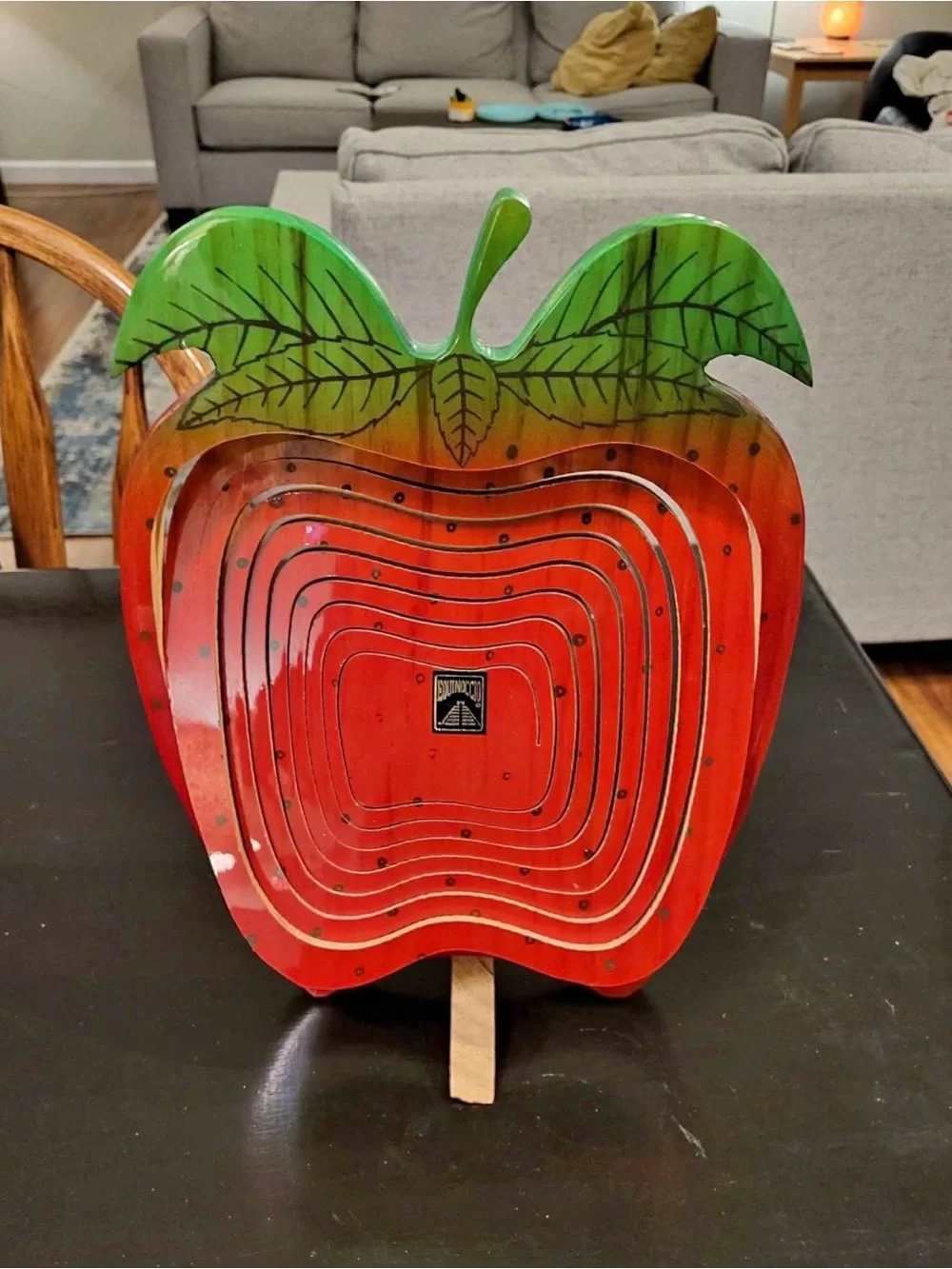 Equinoccio Red Apple Wooden Fruit Basket with Pop out Spiral Cut Trivet